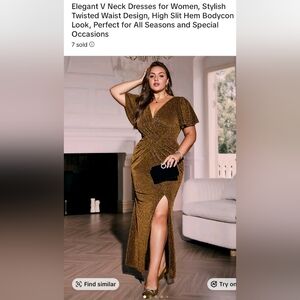 Gold V-Neck Twisted Waist Evening Dress for Women